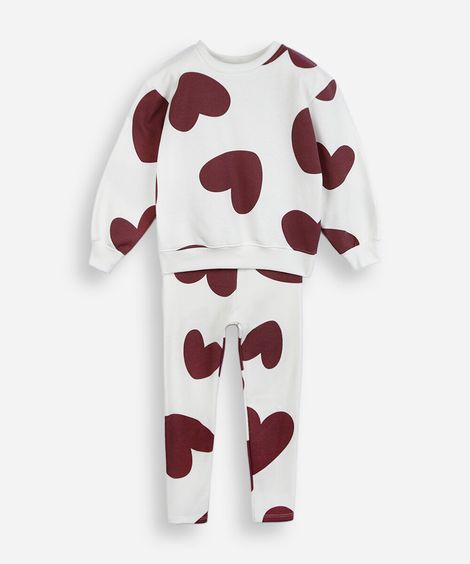 conjunto longo infantil de moletom coração off white