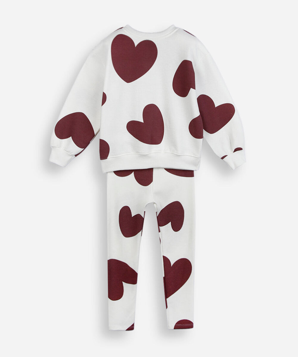 conjunto longo infantil de moletom coração off white
