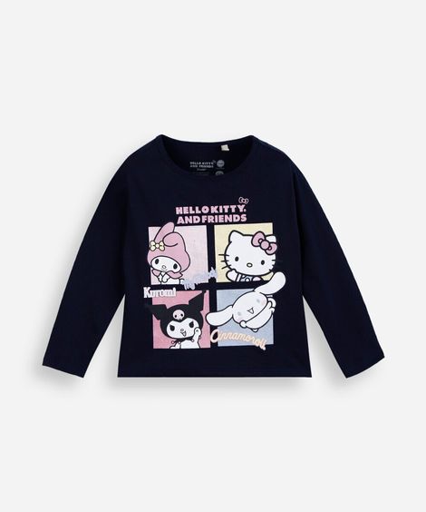 blusa infantil de algodão manga longa hello kitty e amigos azul