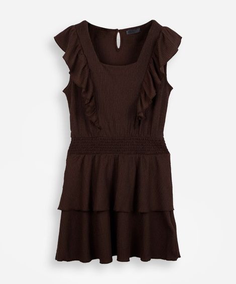 vestido curto juvenil texturizado com babados marrom