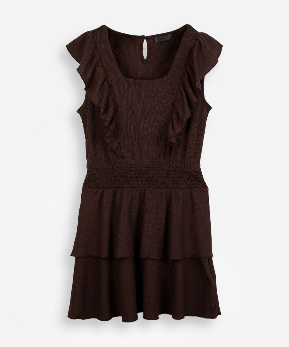 vestido curto juvenil texturizado com babados marrom