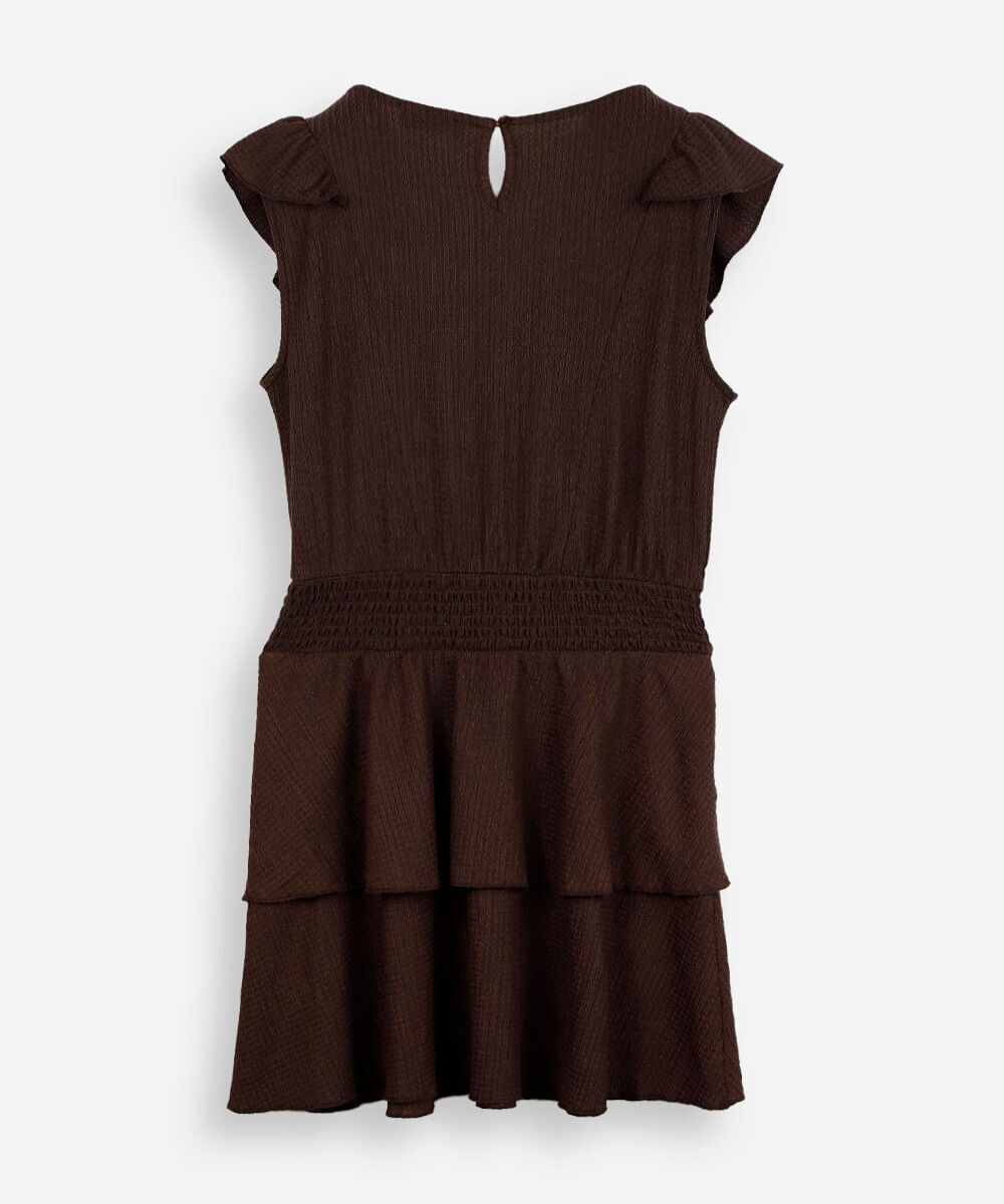 vestido curto juvenil texturizado com babados marrom