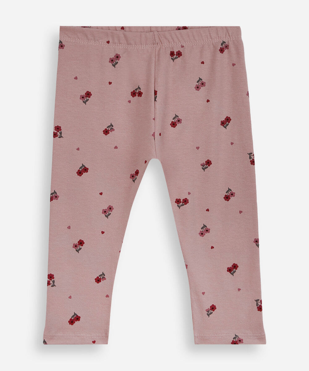 calça legging infantil de algodão floral rosa