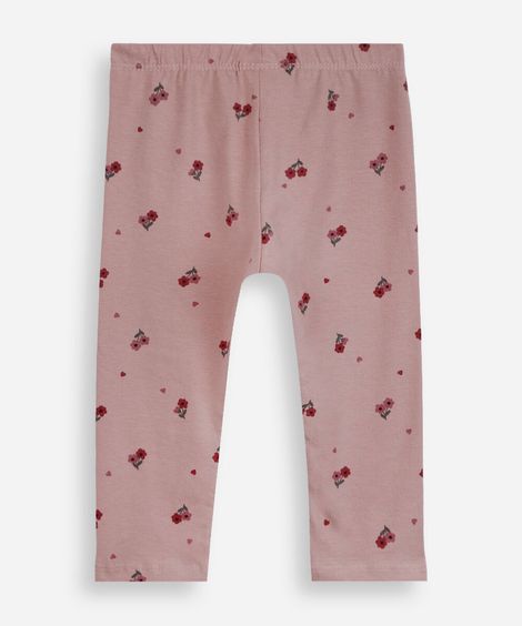 calça legging infantil de algodão floral rosa