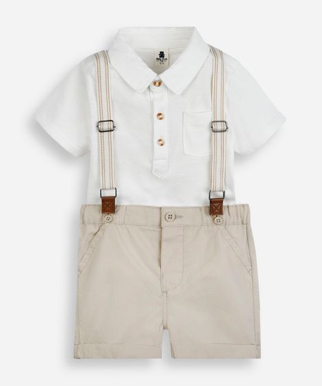 conjunto curto infantil com suspensório bege