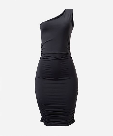 vestido ombro único juvenil de poliamida franzido preto