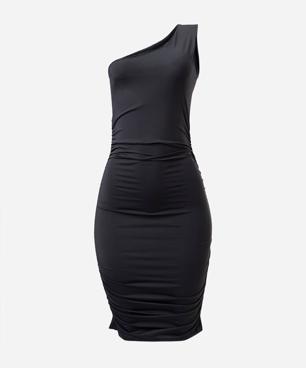 vestido ombro único juvenil de poliamida franzido preto