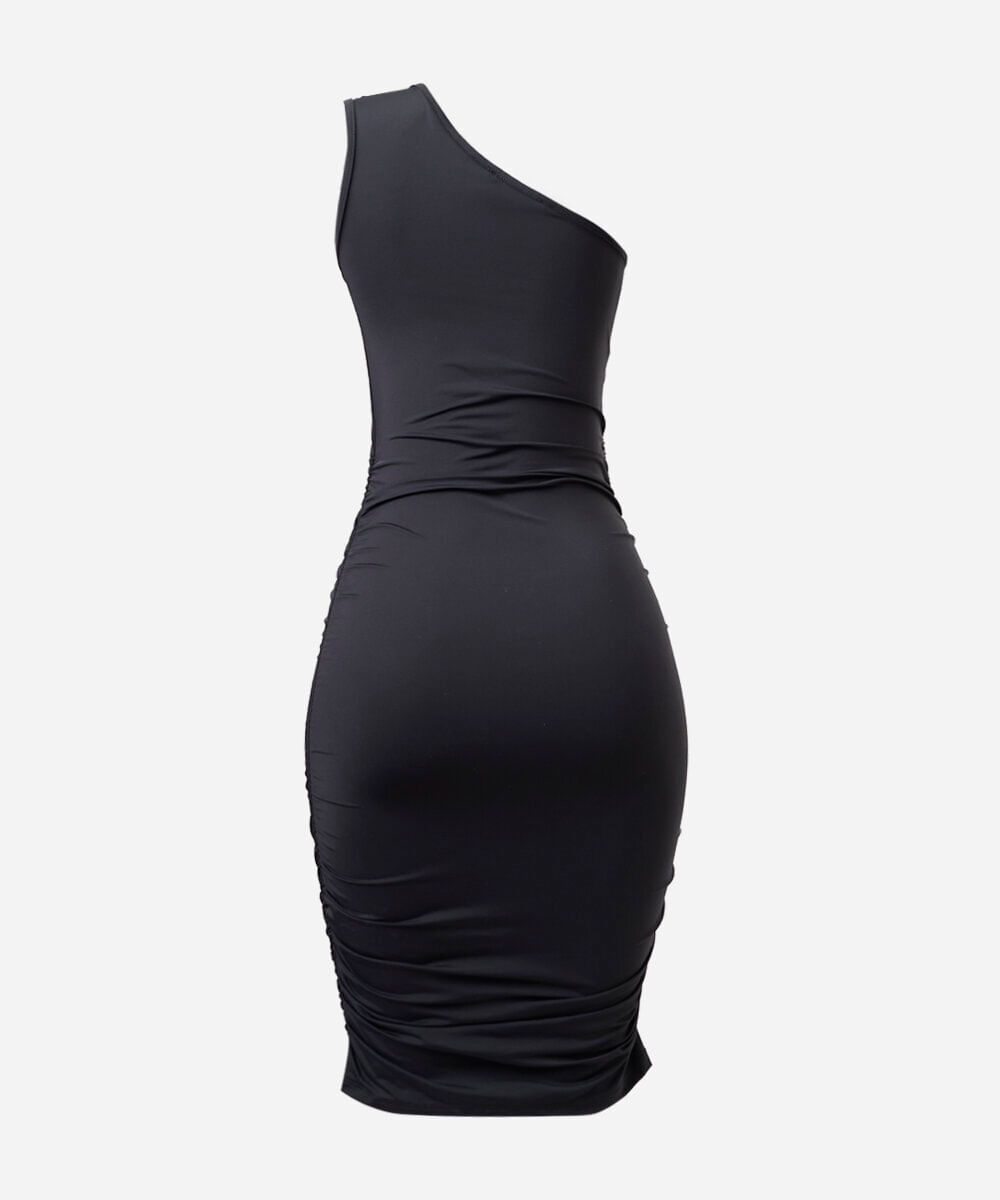 vestido ombro único juvenil de poliamida franzido preto