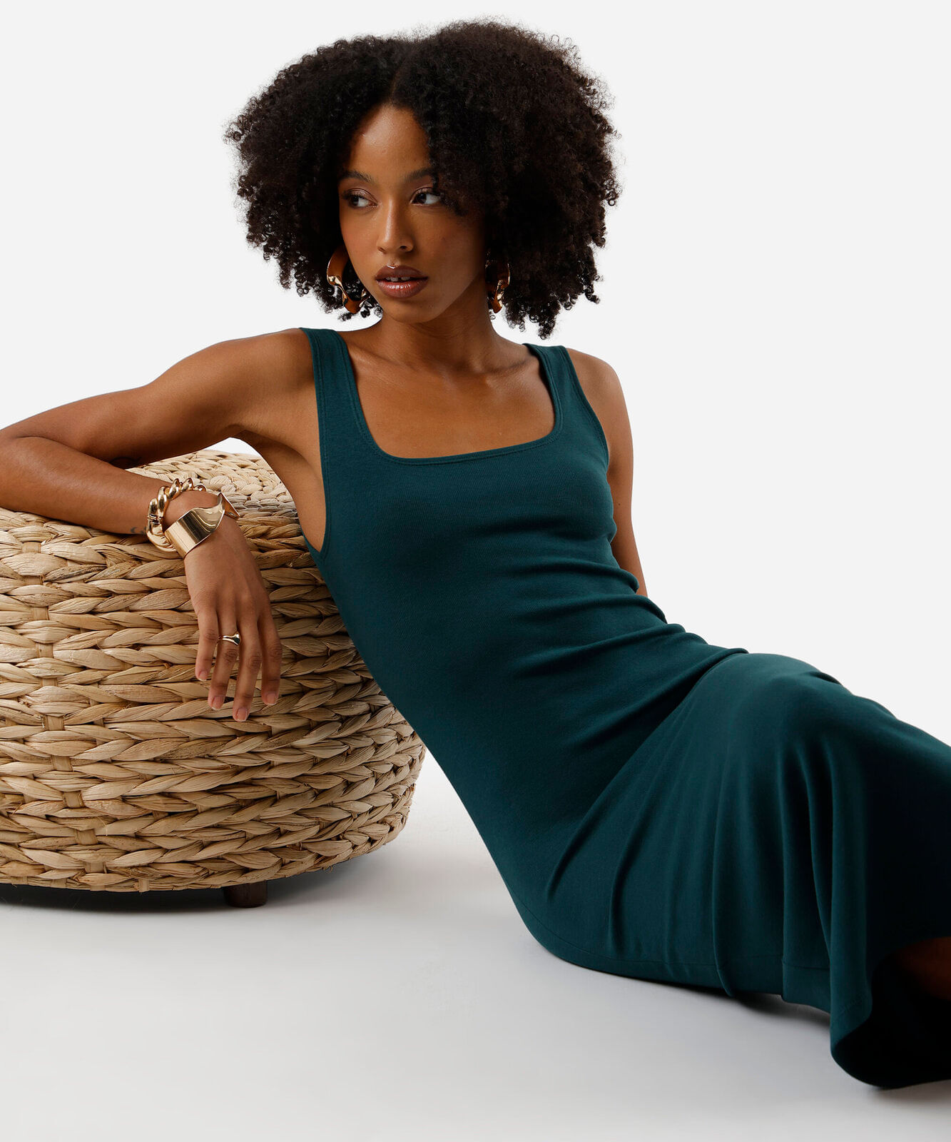 vestido midi feminino de algodão decote quadrado básico verde