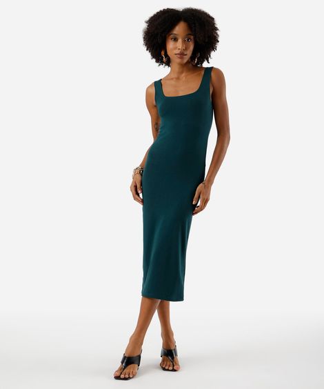 vestido midi feminino de algodão decote quadrado básico verde