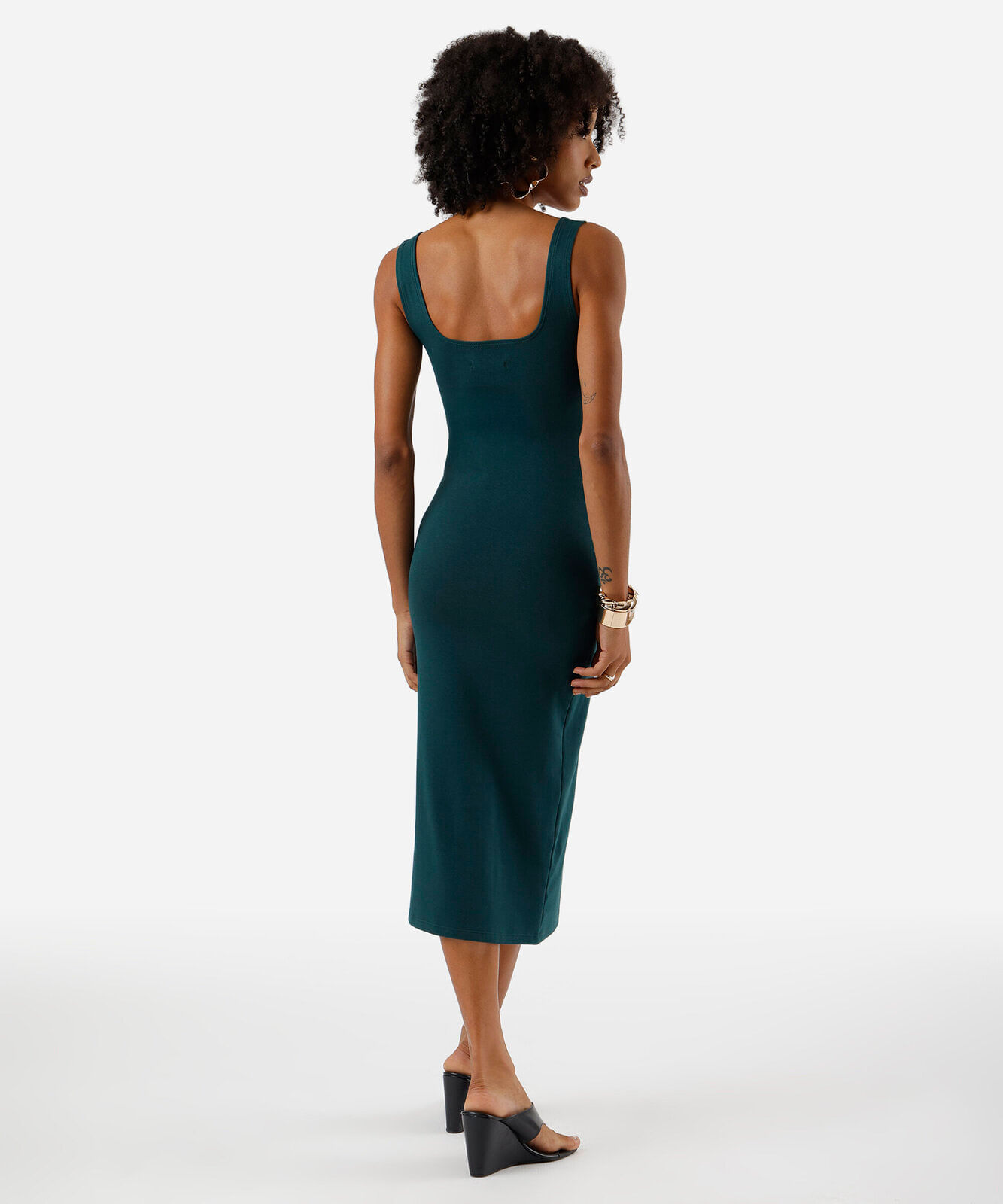 vestido midi feminino de algodão decote quadrado básico verde