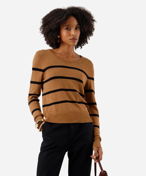 suéter básico feminino de tricot listrado marrom