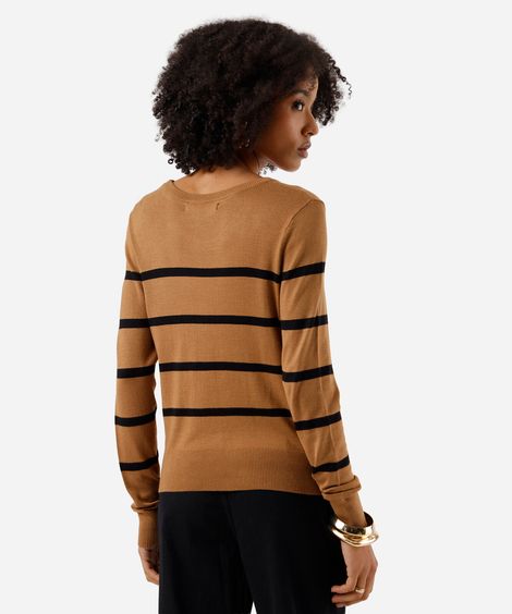 suéter básico feminino de tricot listrado marrom