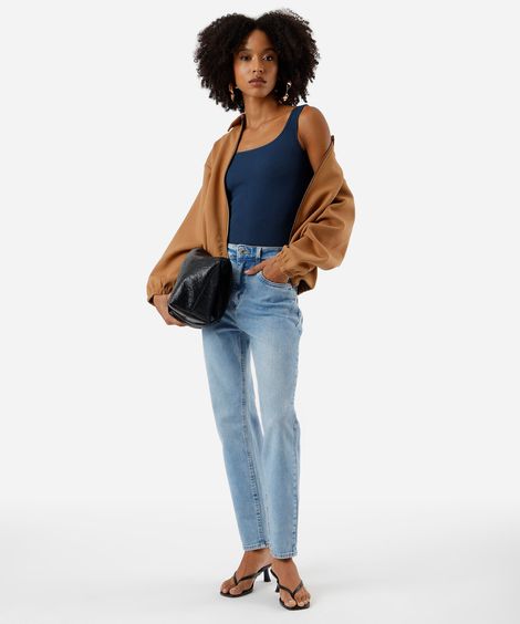 calça mom feminina jeans cintura alta azul