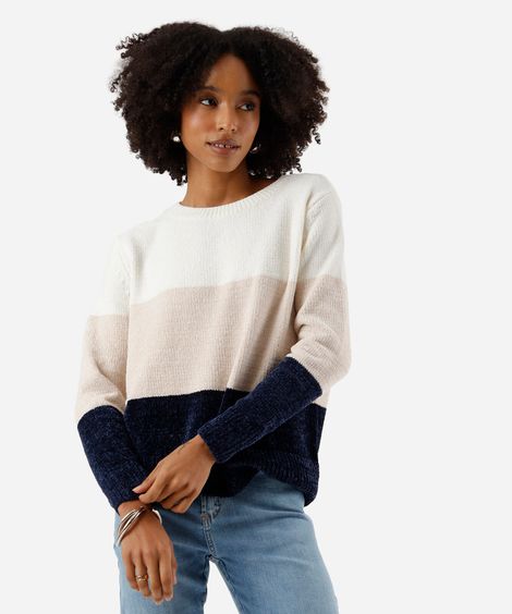 suéter feminino de tricot chenille listrado colorido