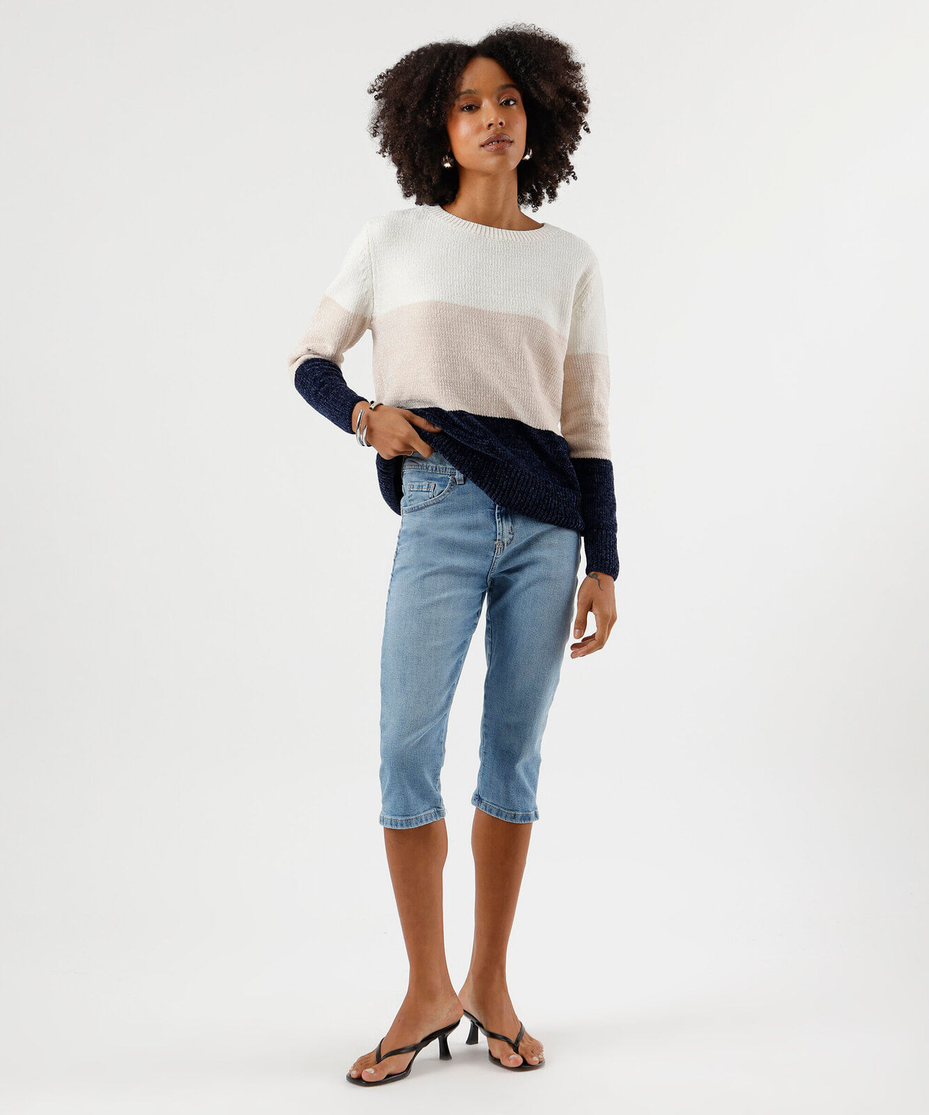suéter feminino de tricot chenille listrado colorido