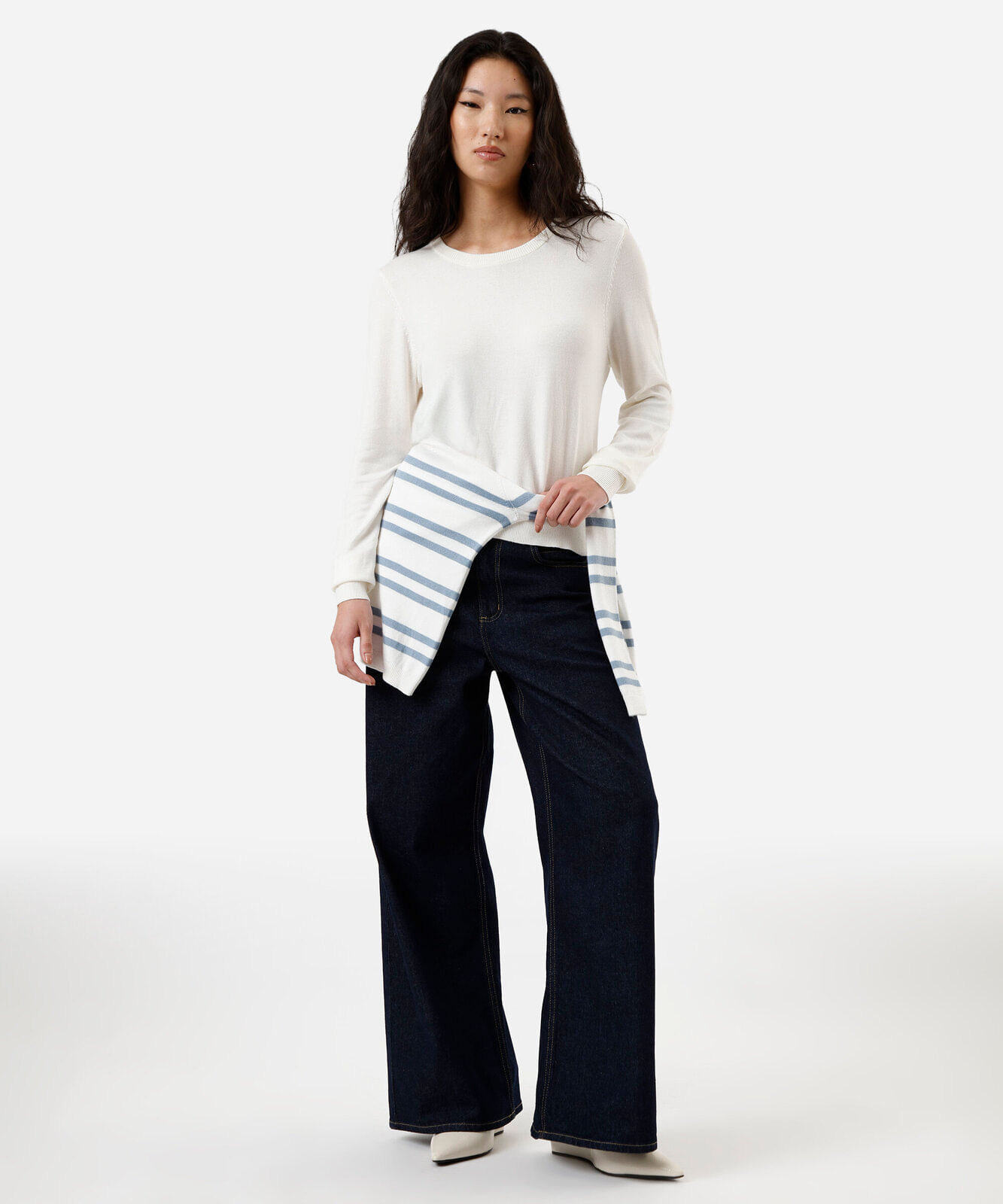 suéter de tricot manga longa básico off white