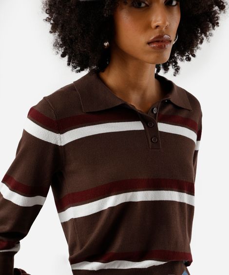 polo básica feminina de tricot manga longa listrada marrom