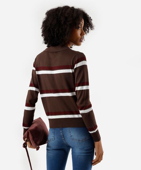 polo básica feminina de tricot manga longa listrada marrom