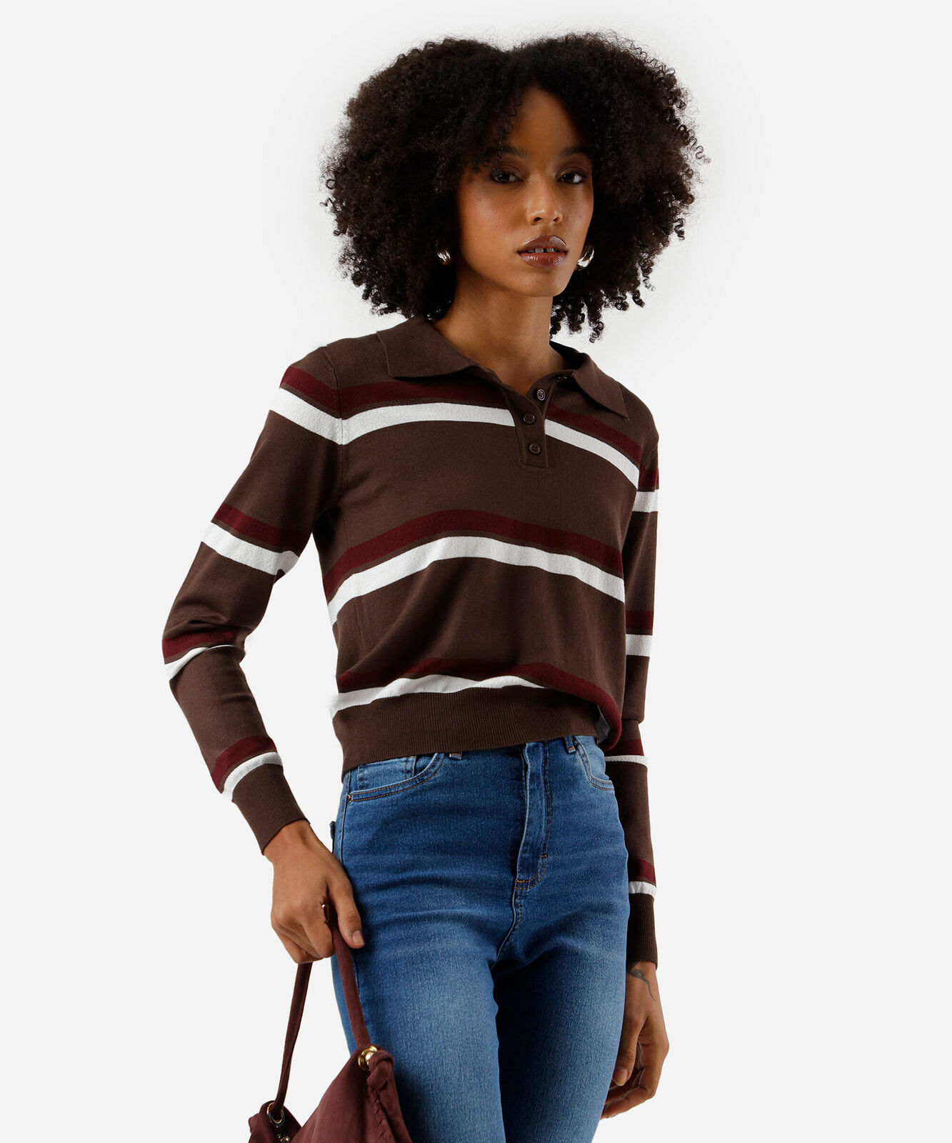polo básica feminina de tricot manga longa listrada marrom