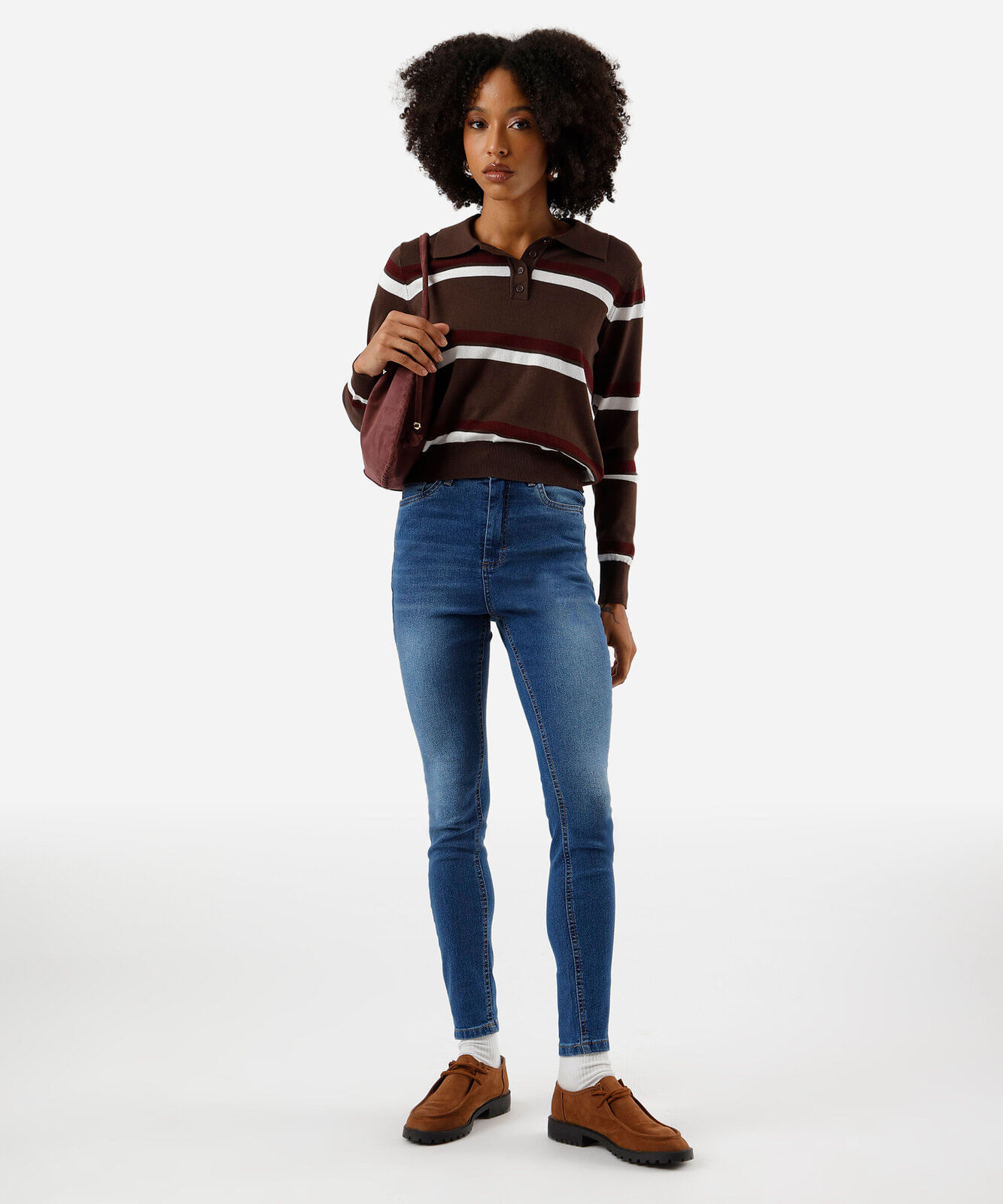 polo básica feminina de tricot manga longa listrada marrom
