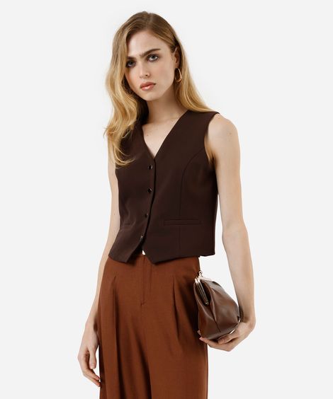 colete de alfaiataria feminino decote v marrom