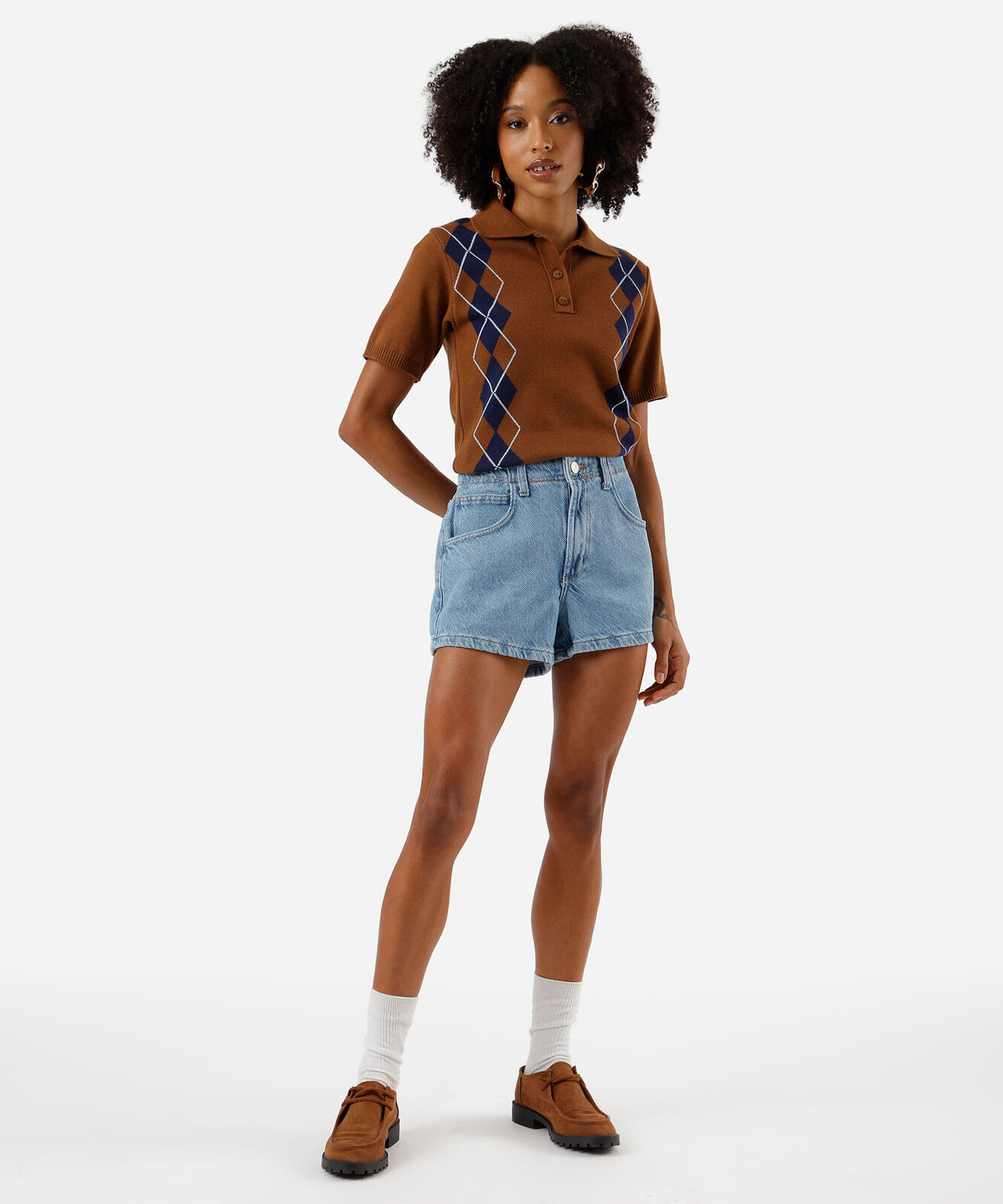 short feminino jeans cintura alta texturizado azul