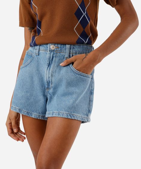 short feminino jeans cintura alta texturizado azul