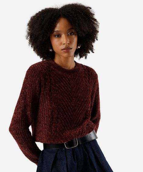 suéter feminino de tricot chenille texturizado vinho