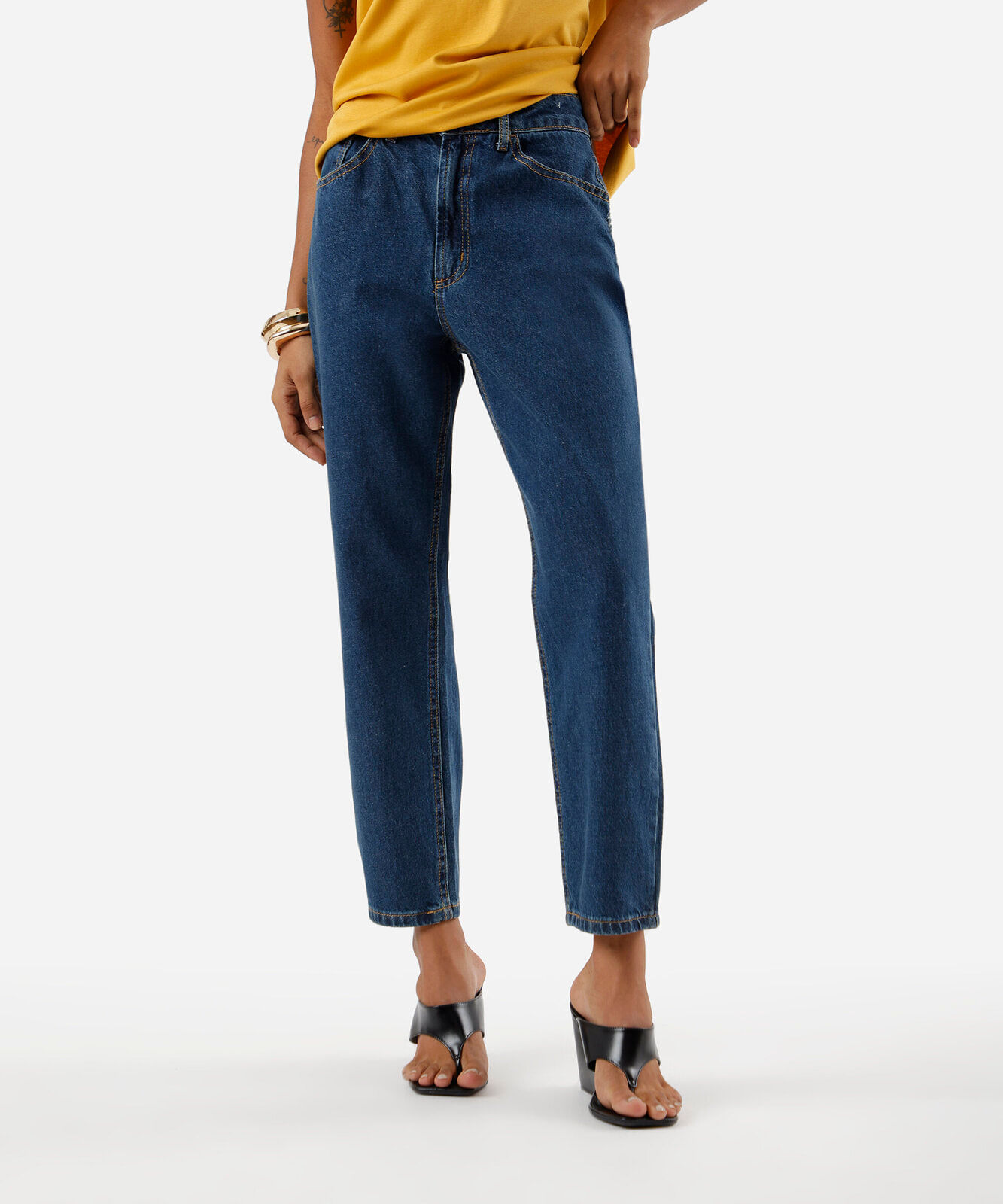 calça mom feminina jeans cintura alta azul
