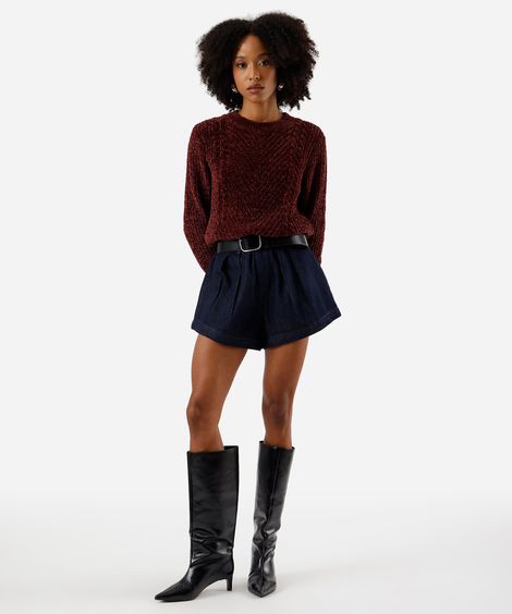 short feminino jeans com pregas cintura alta azul