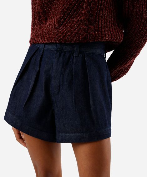 short feminino jeans com pregas cintura alta azul