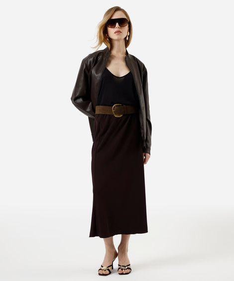 saia midi evasê feminina cós elástico marrom