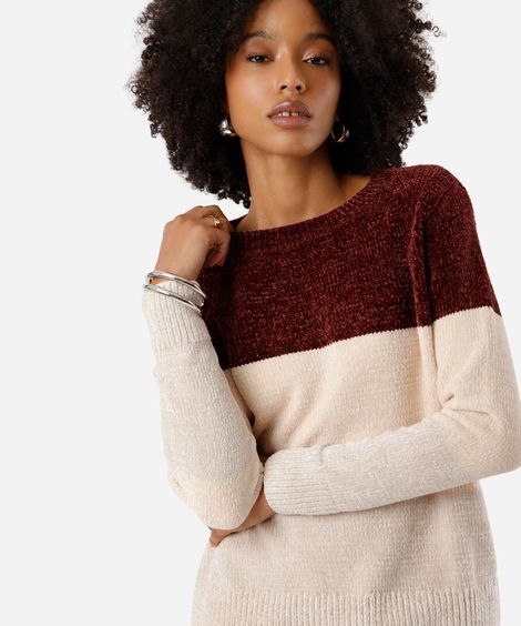 suéter feminino de tricot chenille listrado colorido