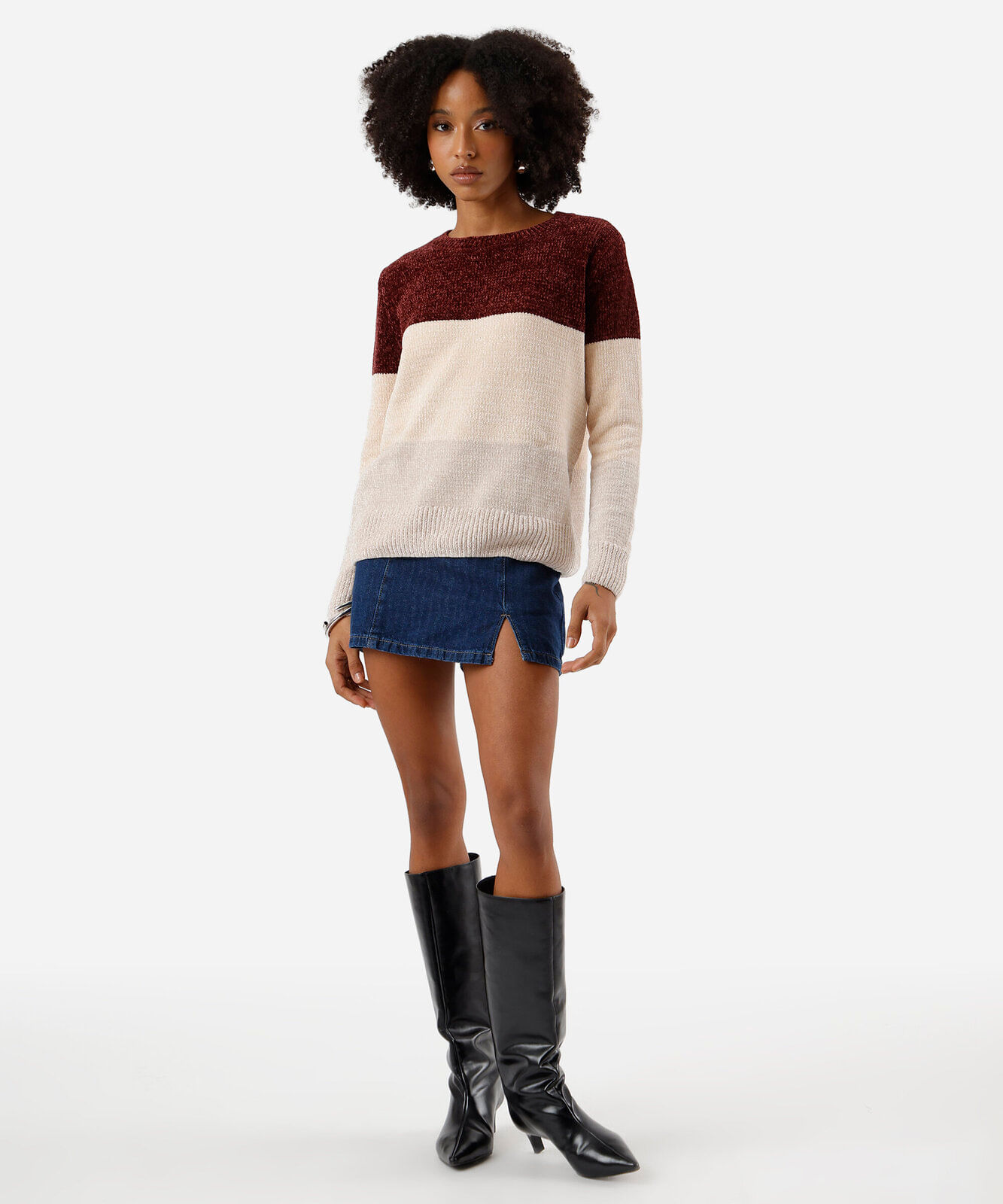 suéter feminino de tricot chenille listrado colorido