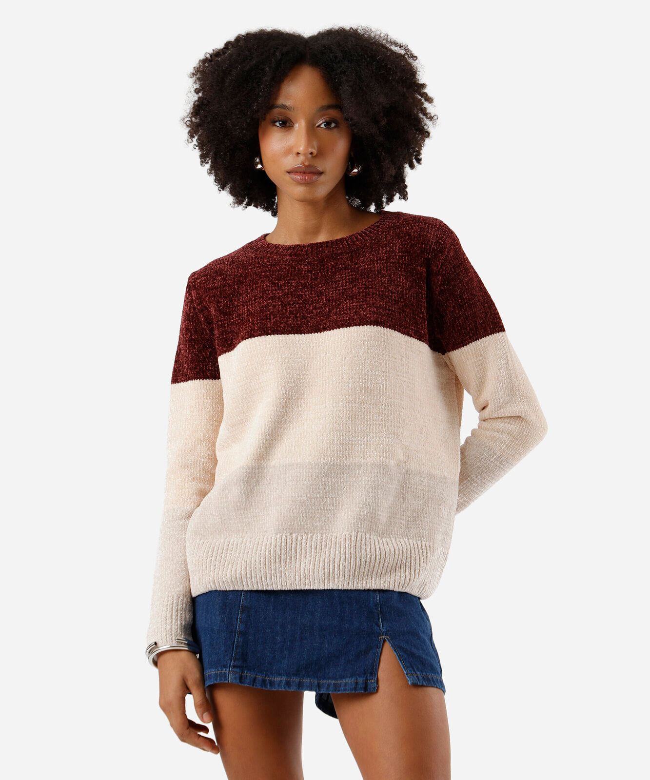 suéter feminino de tricot chenille listrado colorido