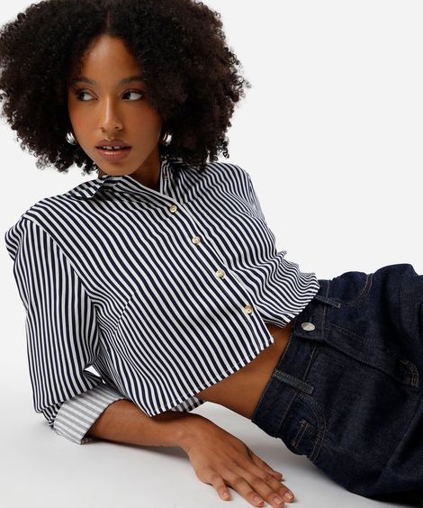 camisa feminina de viscose manga longa listrada azul
