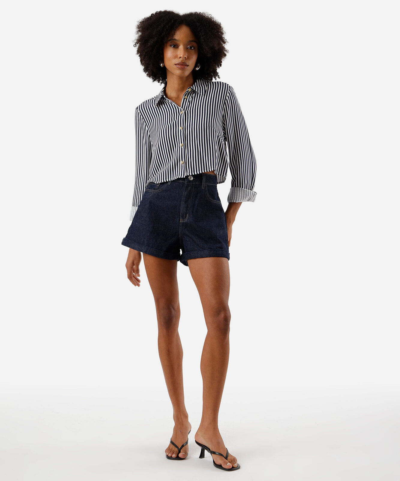 camisa feminina de viscose manga longa listrada azul