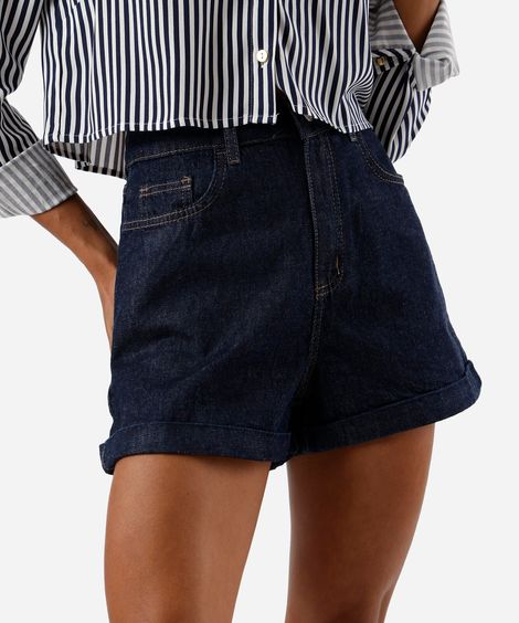 short mom feminino jeans cintura alta azul