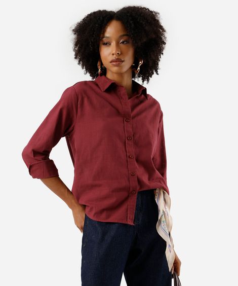 camisa feminina de algodão manga longa vinho