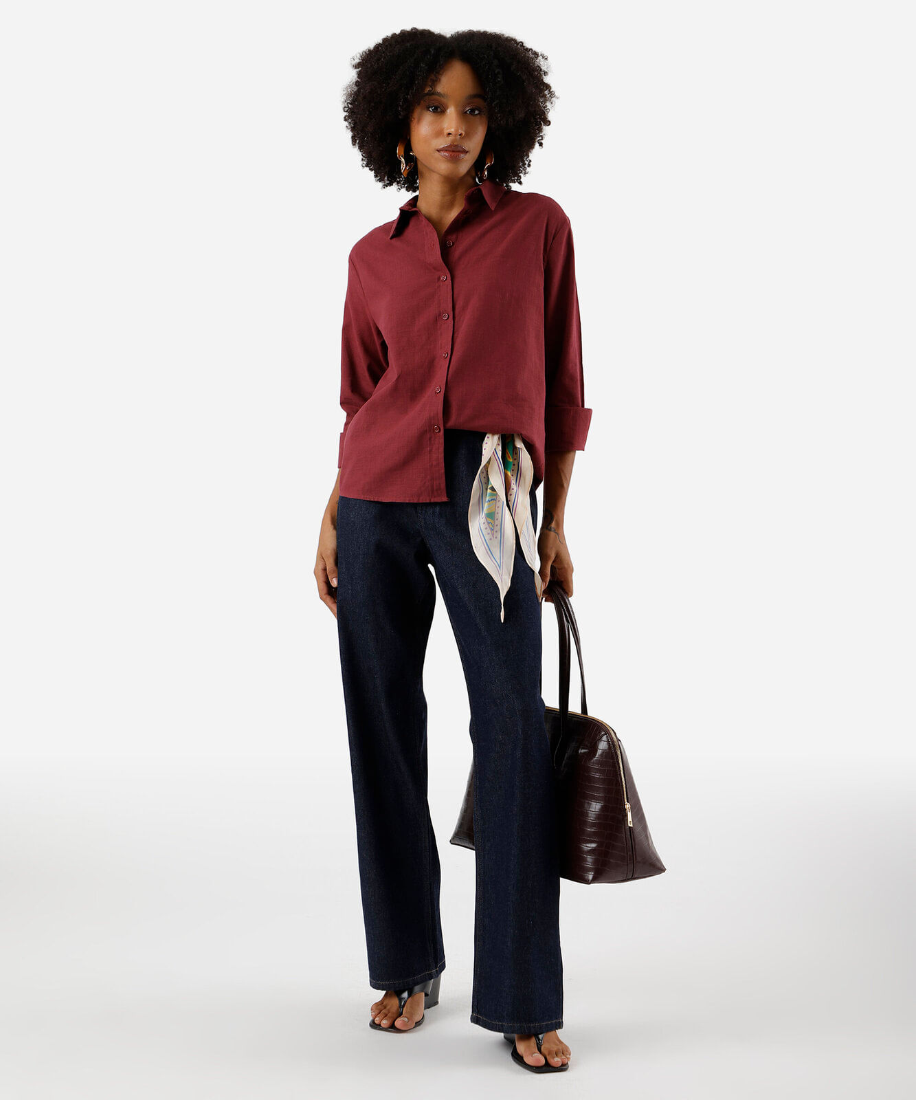 camisa feminina de algodão manga longa vinho