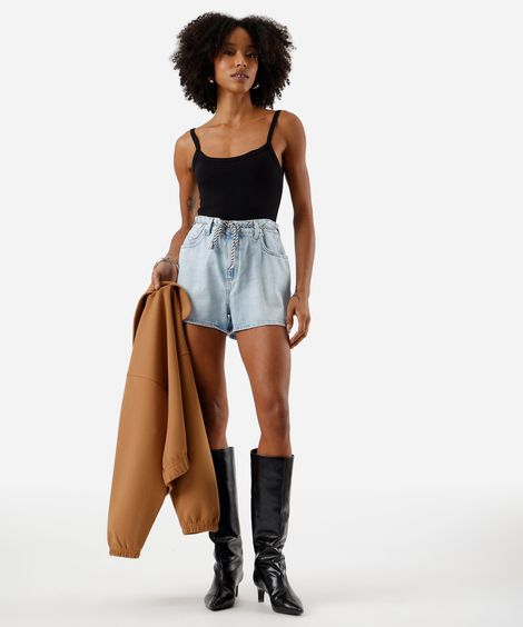 short feminino jeans com cordão cintura alta azul