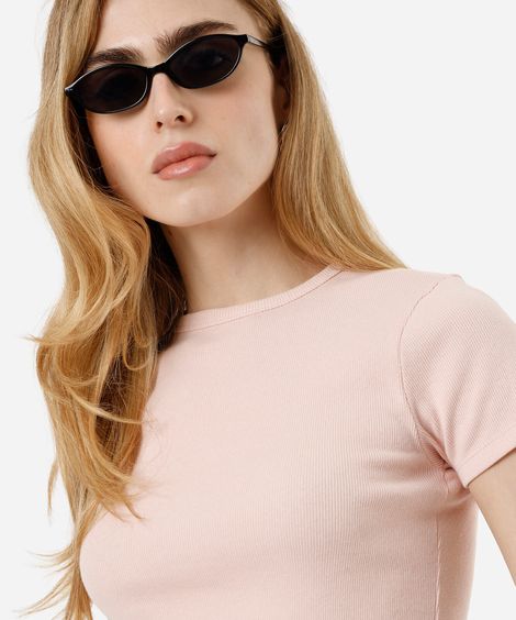 blusa feminina de algodão canelada manga curta rosa