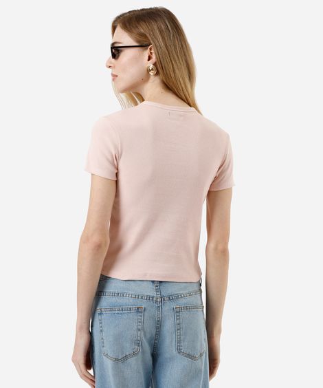 blusa feminina de algodão canelada manga curta rosa