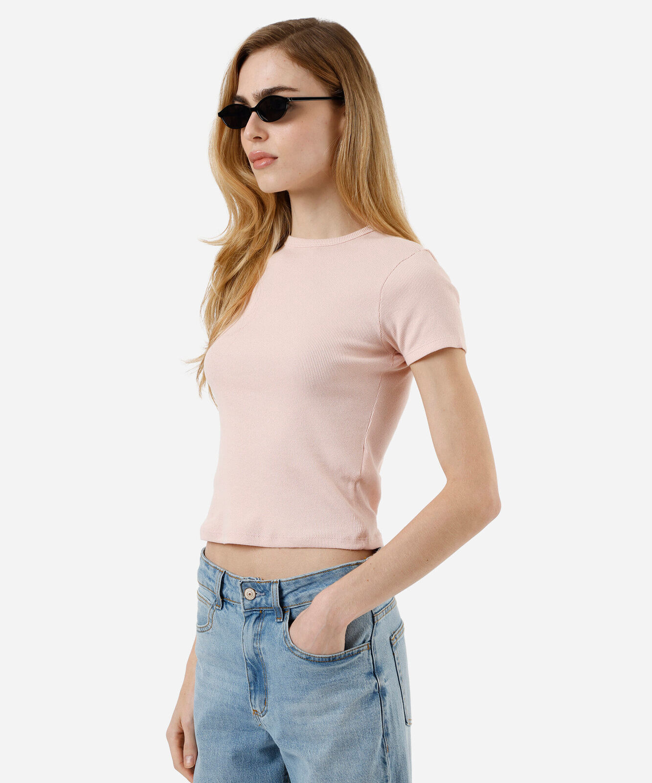 blusa feminina de algodão canelada manga curta rosa