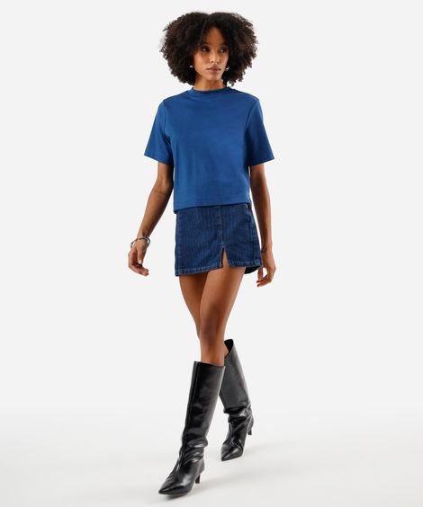 short saia feminino jeans com fenda cintura alta  listrado  azul