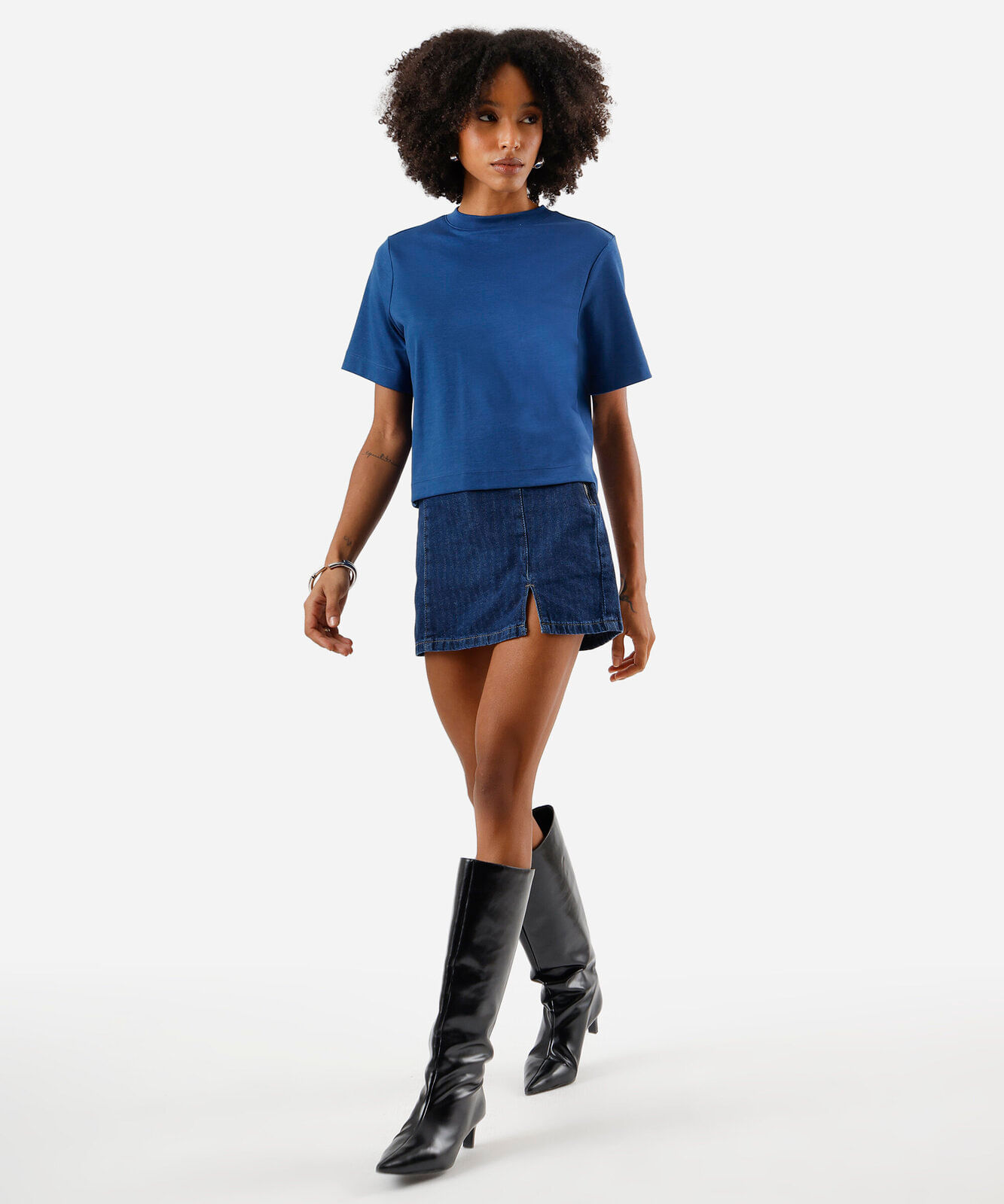 short saia feminino jeans com fenda cintura alta  listrado  azul
