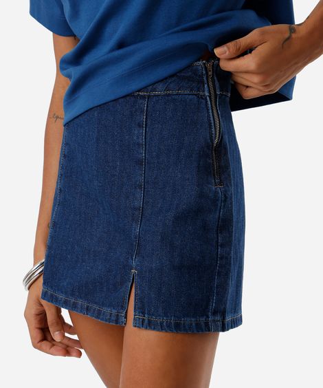 short saia feminino jeans com fenda cintura alta  listrado  azul
