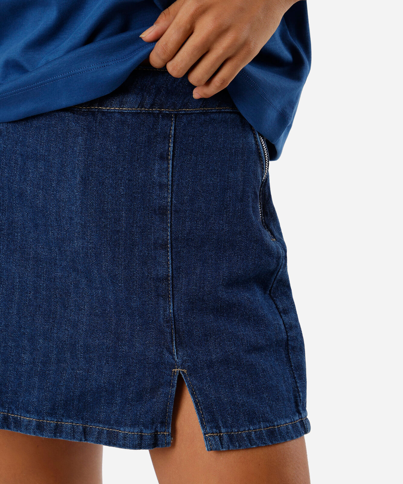 short saia feminino jeans com fenda cintura alta  listrado  azul