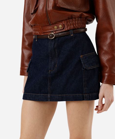 short saia cargo feminino jeans cintura média azul